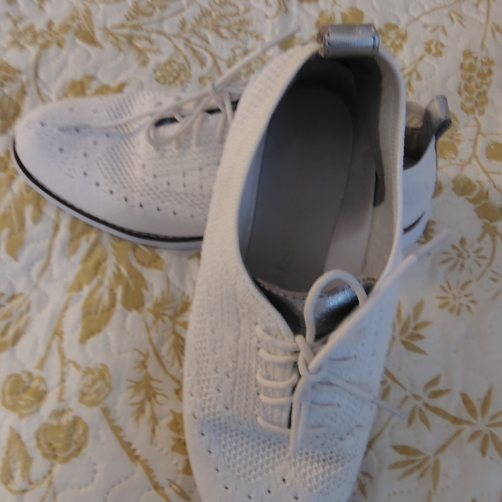Women's White Knit Lace-Up Sneakers with Silver Accent